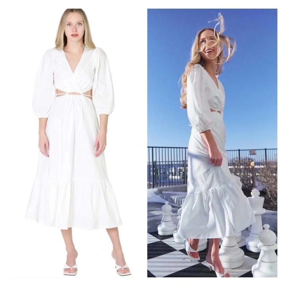 ASTR White Cutout Surplice Midi Dress Puff Sleeve Resort Vacation L NWT - Picture 7 of 14